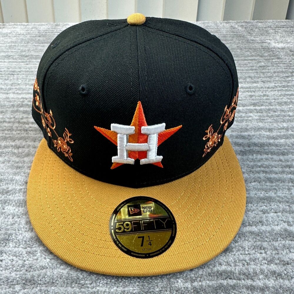 Houston Astros Hat Cap Mens Fitted 7 1/4 Black Floral Vine New Era Two Tone